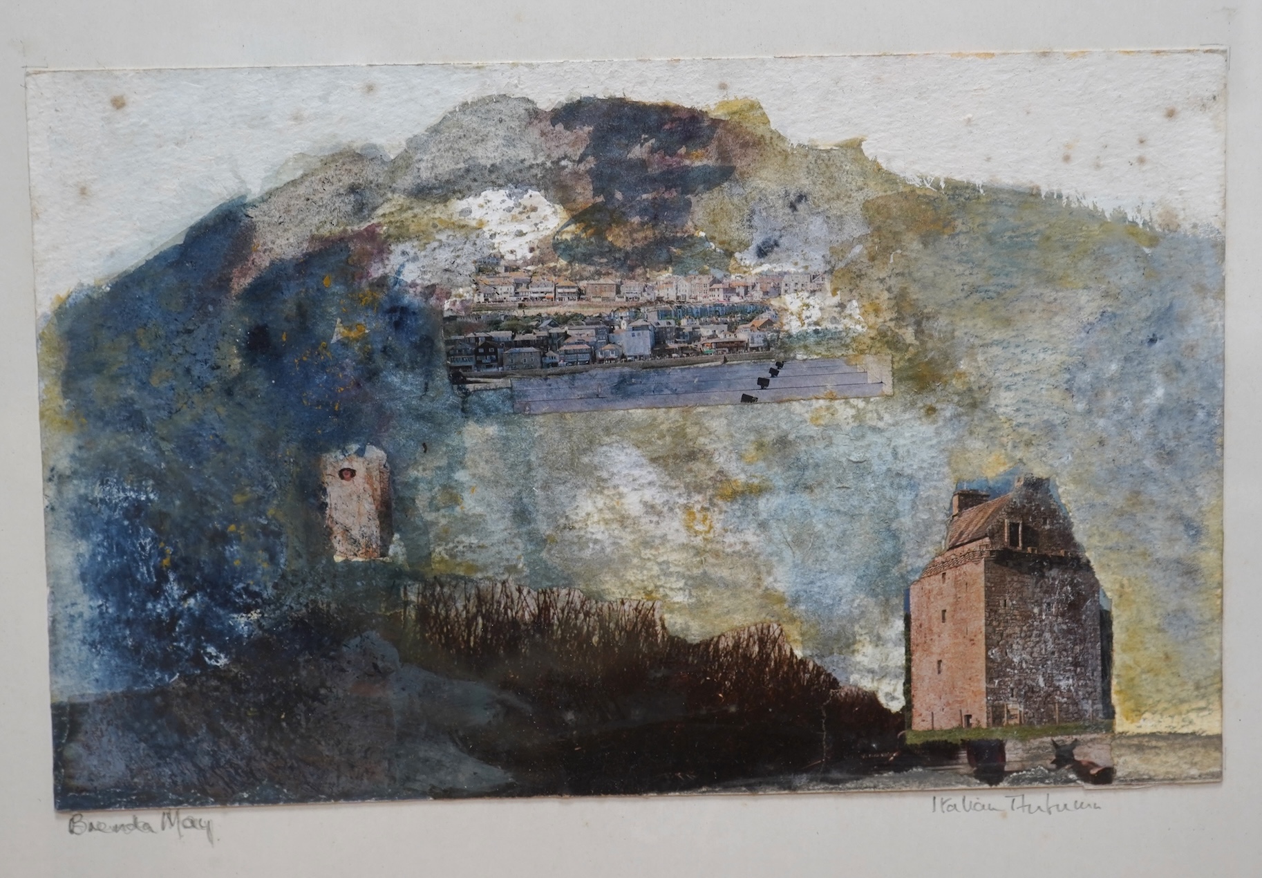 Brenda May (Modern British), a collection of five works to include a collage ‘Italian Autumn’, a pencil sketch and two collagraph prints, one titled ‘Rock Marks’, each signed in pencil, largest 58 x 41cm